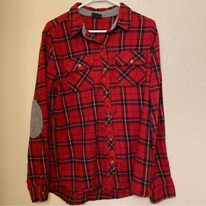 Empyre Zumiez red plaid flannel Cotton button shirts Gray elbow patch M